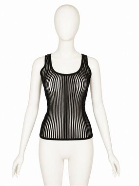 Vintage 90s Thierry Mugler black knitted vertical stripe sheer mesh tank top